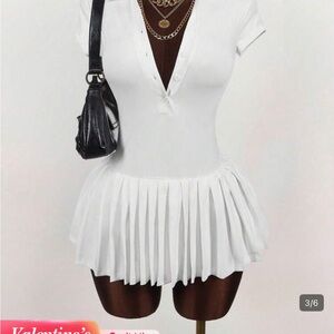 SHEIN White V-Neck Pleated Mini Dress